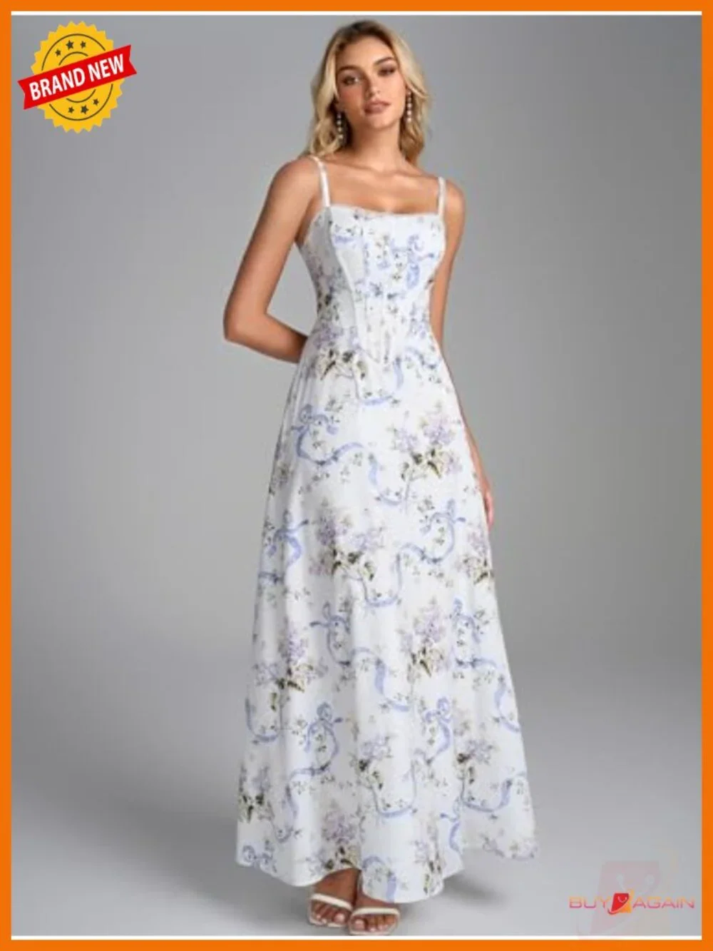 Corset Spaghetti Strap Floral Maxi Dress Square Neck Backless Formal
